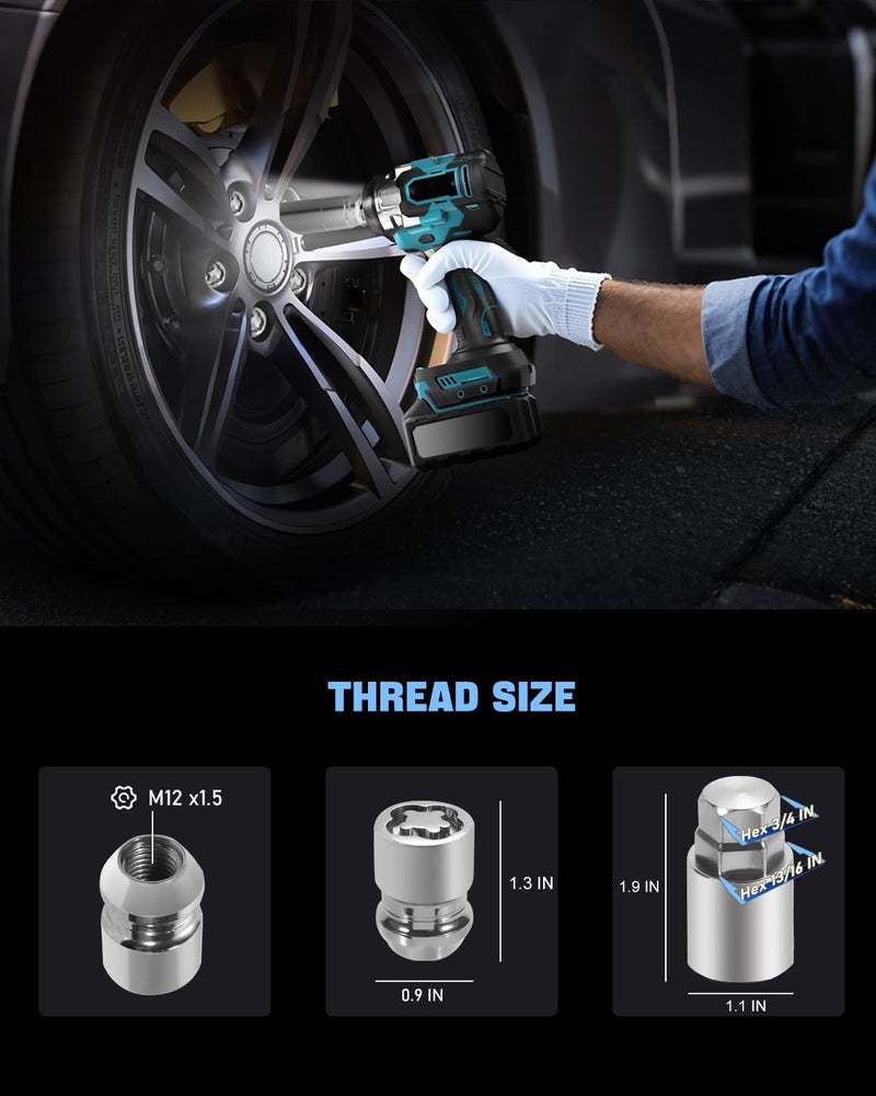 Maureen Wheel Locks | Wheel Locks Lug Nuts | M12 x 1.50 Locking Lug Nuts| Fit for Honda Civic Accord Toyota Tacoma Camry Corolla Acura Chrysler Hyundai Kia Lexus Mazda and more 13/16" Hex Key Cone Seat, 24157 - Image 4